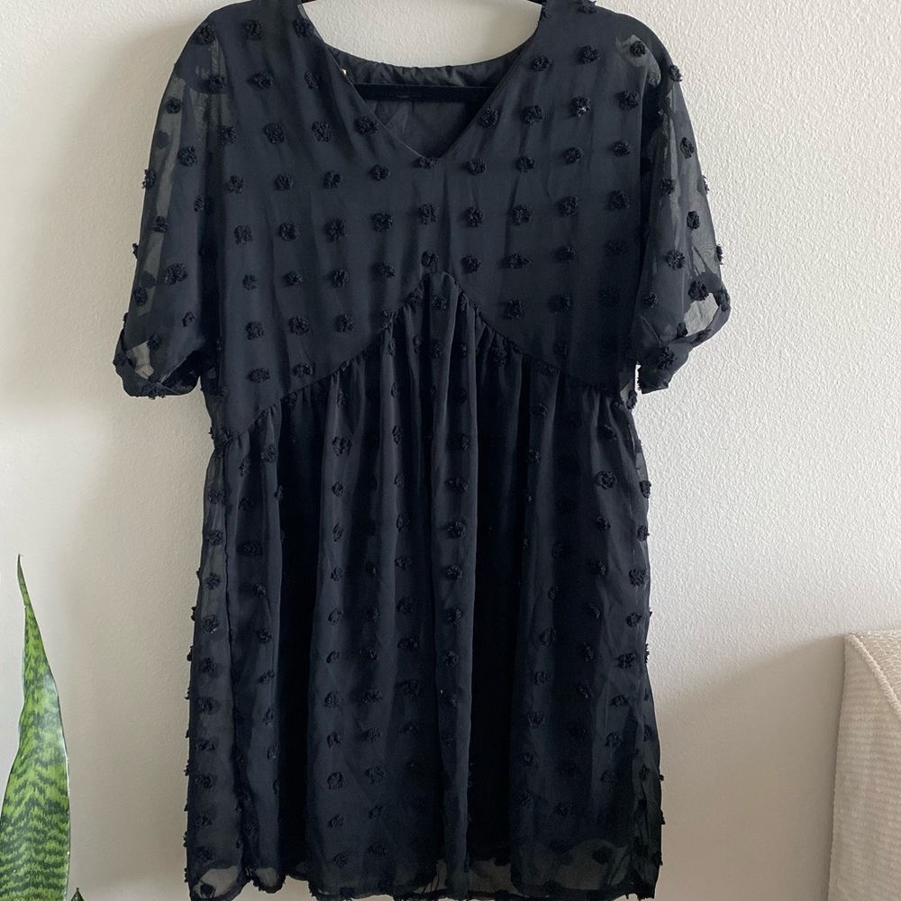 Black swing mini swing dress woth embroidered polka dots MEDIUM